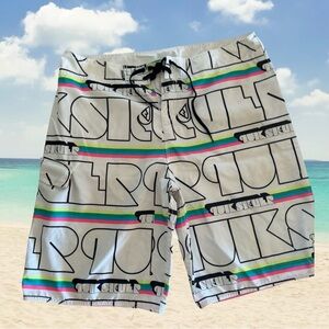 Retro Quicksilver Neon Bright Stripe Surf Board Shorts 36" Waist
